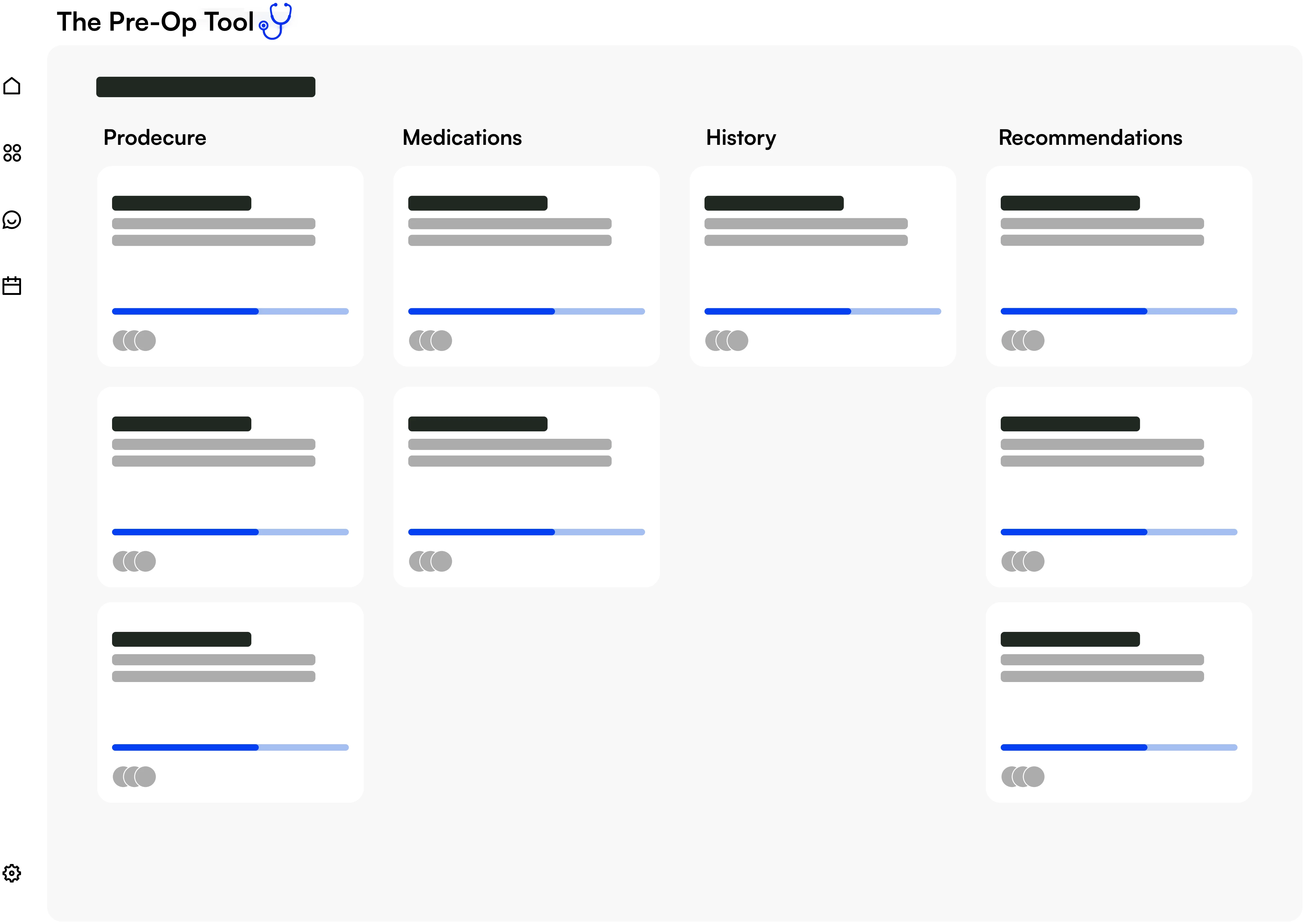 The Pre-Op Tool product interface showing procedure, medications, history, and recommendations